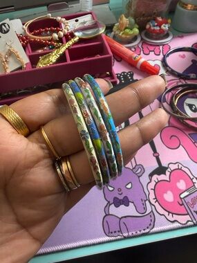 Floral Cloisonné Enamel Bangle Set - Multicolor